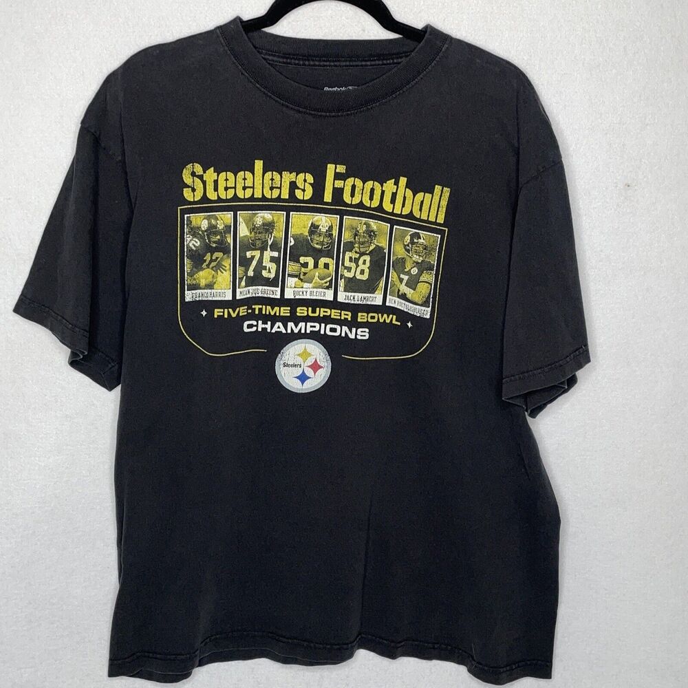 Reebok 5 Time Super Bowl Champions Pittsburgh Steelers Black T-Shirt Size Large